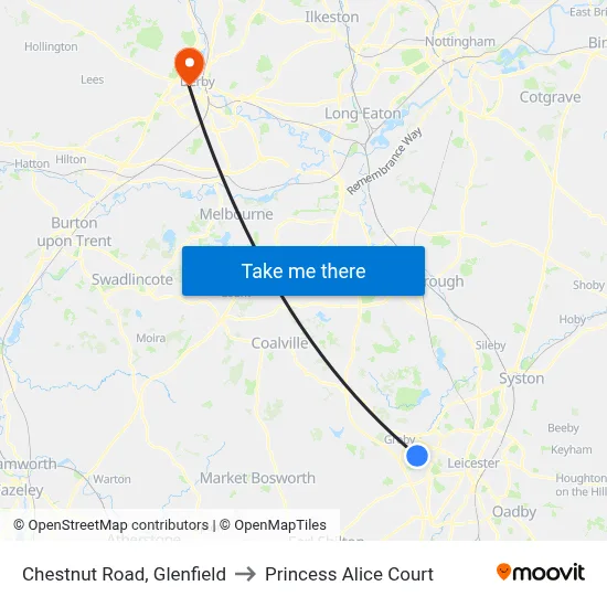 Chestnut Road, Glenfield to Princess Alice Court map