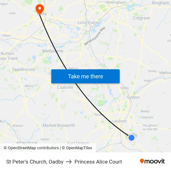St Peter's Church, Oadby to Princess Alice Court map