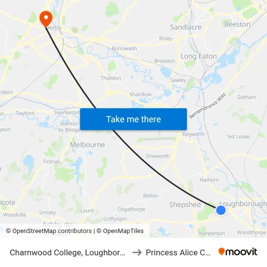Charnwood College, Loughborough to Princess Alice Court map
