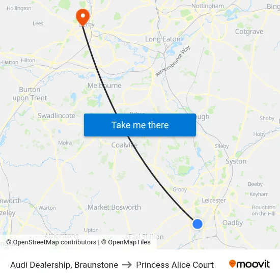 Audi Dealership, Braunstone to Princess Alice Court map
