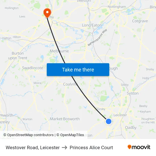 Westover Road, Leicester to Princess Alice Court map