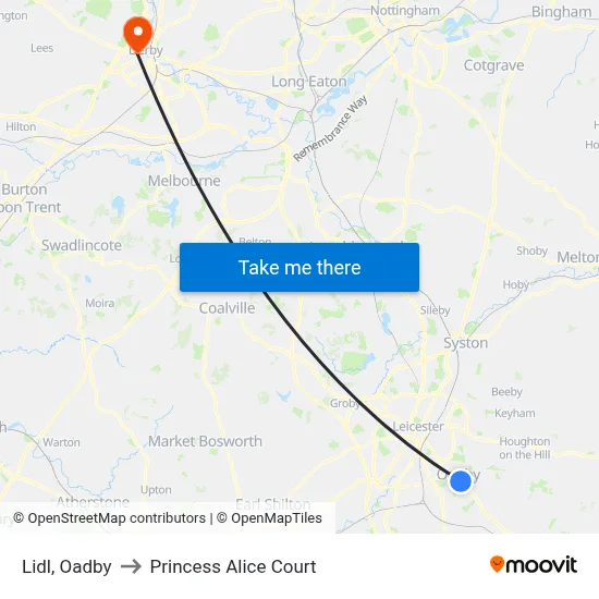 Lidl, Oadby to Princess Alice Court map