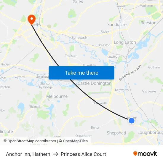 Anchor Inn, Hathern to Princess Alice Court map
