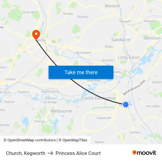 Church, Kegworth to Princess Alice Court map