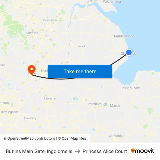 Butlins Main Gate, Ingoldmells to Princess Alice Court map