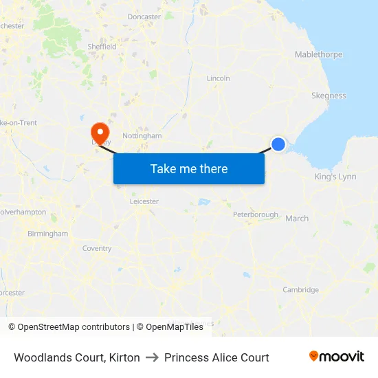 Woodlands Court, Kirton to Princess Alice Court map