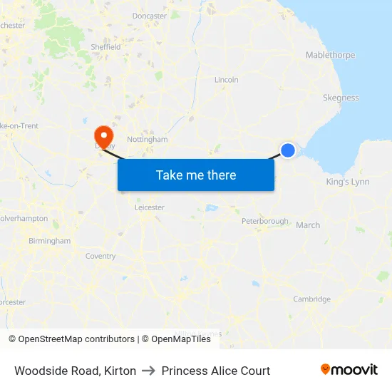 Woodside Road, Kirton to Princess Alice Court map
