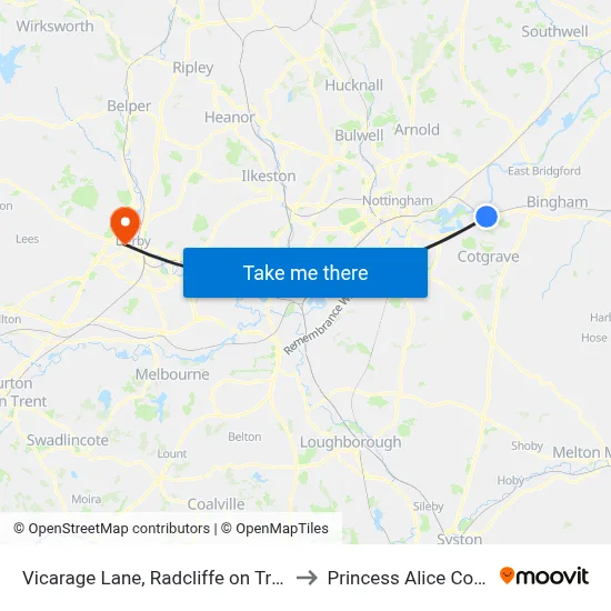 Vicarage Lane, Radcliffe on Trent to Princess Alice Court map