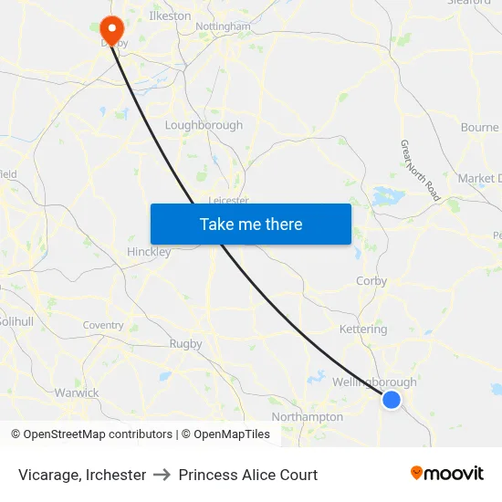 Vicarage, Irchester to Princess Alice Court map