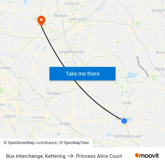 Bus Interchange, Kettering to Princess Alice Court map