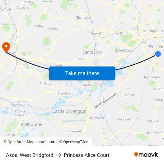 Asda, West Bridgford to Princess Alice Court map
