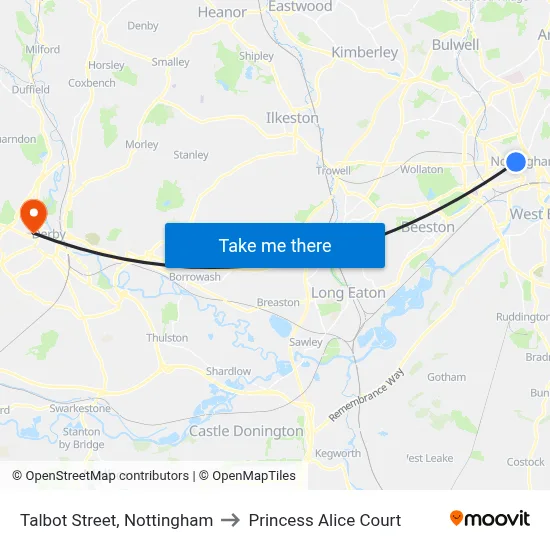 Talbot Street, Nottingham to Princess Alice Court map