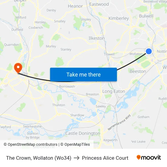 The Crown, Wollaton (Wo34) to Princess Alice Court map