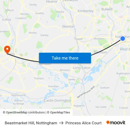 Beastmarket Hill, Nottingham to Princess Alice Court map