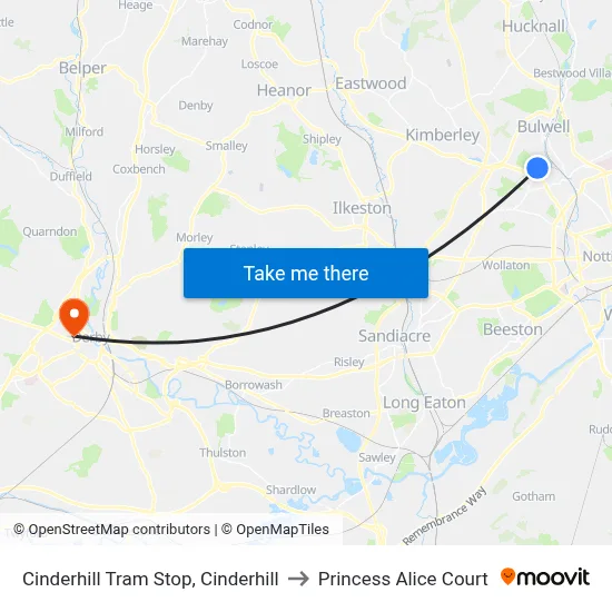Cinderhill Tram Stop, Cinderhill to Princess Alice Court map