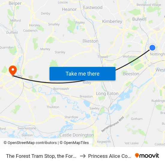 The Forest Tram Stop, the Forest to Princess Alice Court map