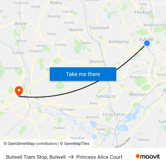 Bulwell Tram Stop, Bulwell to Princess Alice Court map