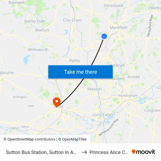 Sutton Bus Station, Sutton In Ashfield to Princess Alice Court map