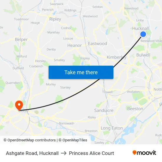Ashgate Road, Hucknall to Princess Alice Court map