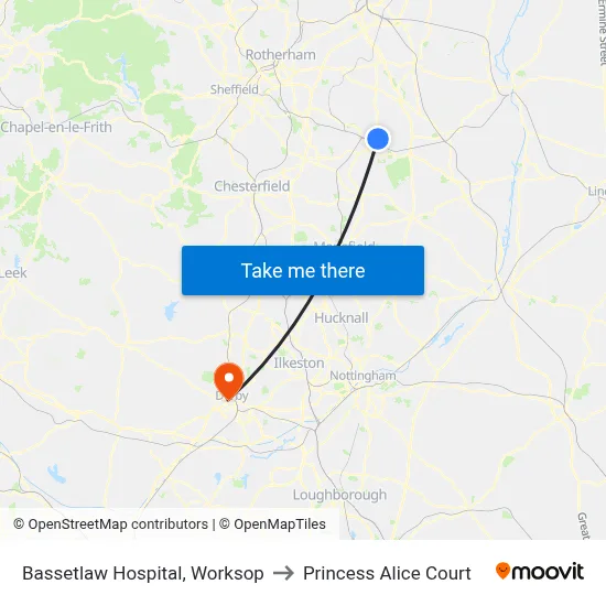 Bassetlaw Hospital, Worksop to Princess Alice Court map