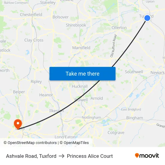 Ashvale Road, Tuxford to Princess Alice Court map