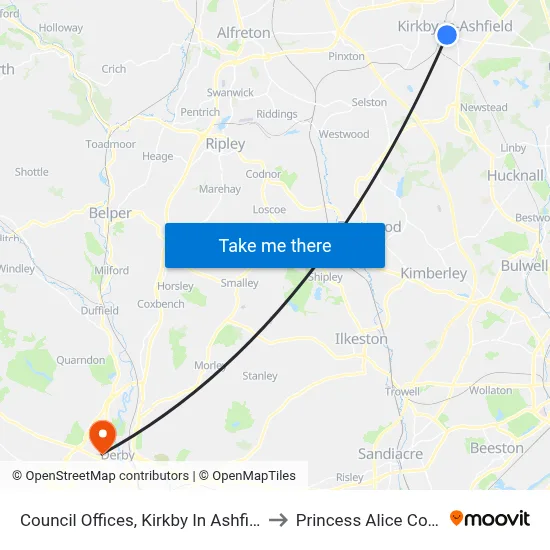 Council Offices, Kirkby In Ashfield to Princess Alice Court map