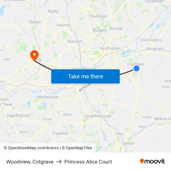 Woodview, Cotgrave to Princess Alice Court map