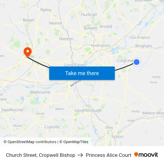 Church Street, Cropwell Bishop to Princess Alice Court map