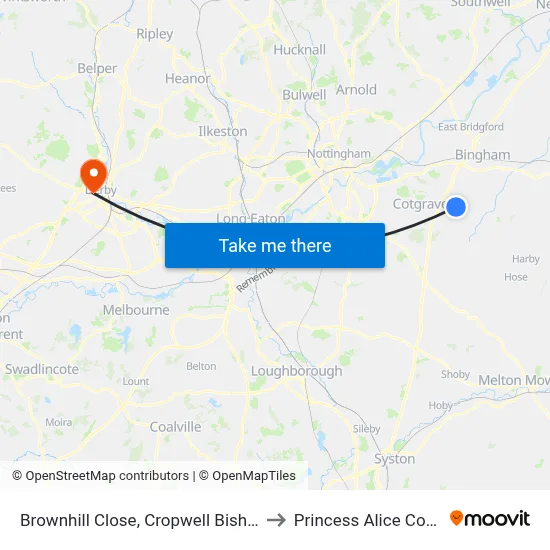 Brownhill Close, Cropwell Bishop to Princess Alice Court map