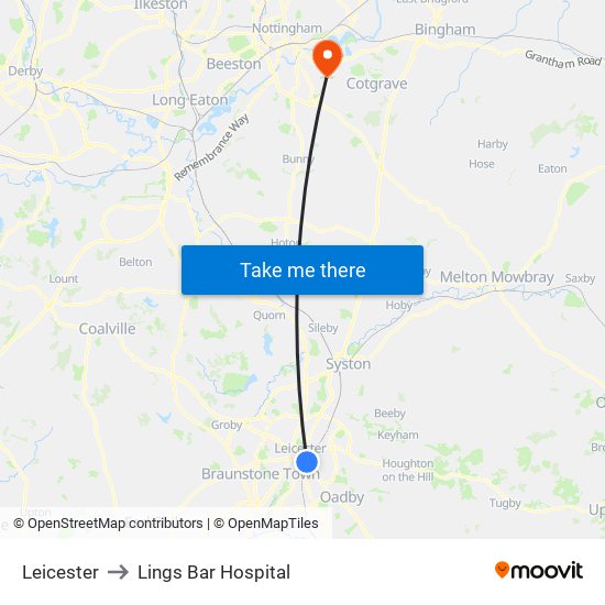 Leicester to Lings Bar Hospital map