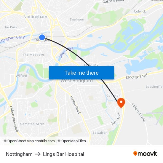Nottingham to Lings Bar Hospital map