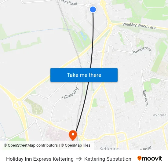 Holiday Inn Express Kettering to Kettering Substation map