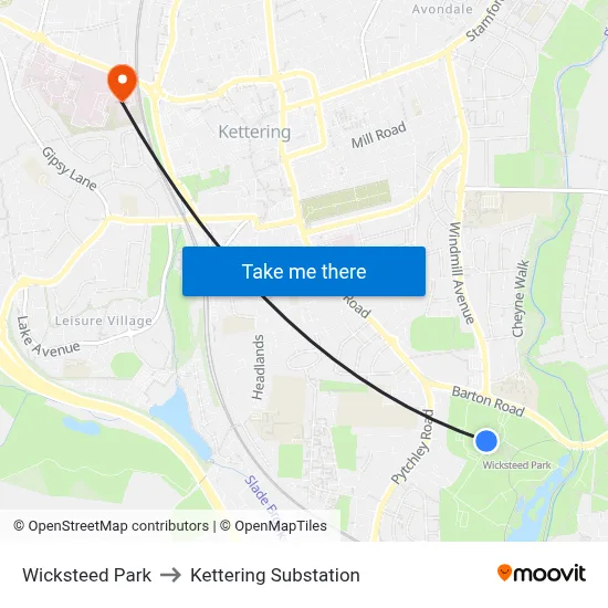 Wicksteed Park to Kettering Substation map