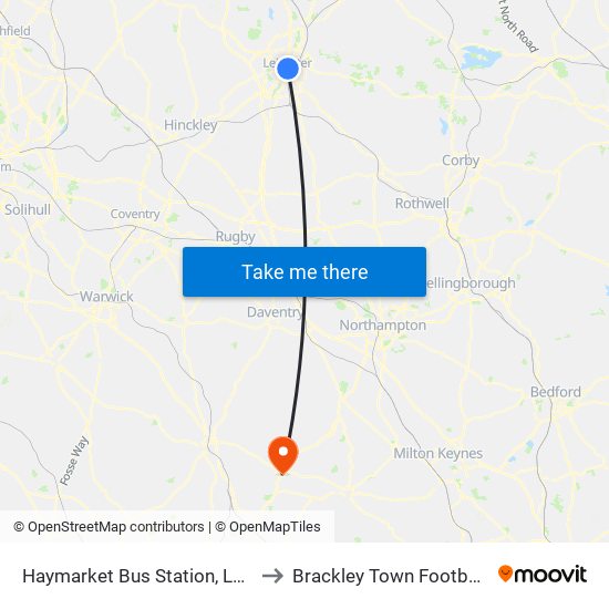 Haymarket Bus Station, Leicester to Brackley Town Football Club map