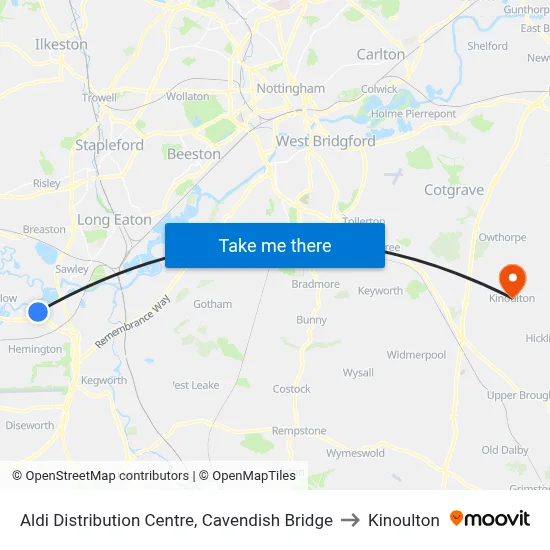 Aldi Distribution Centre, Cavendish Bridge to Kinoulton map