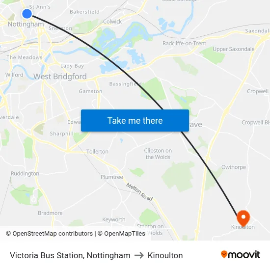 Victoria Bus Station, Nottingham to Kinoulton map