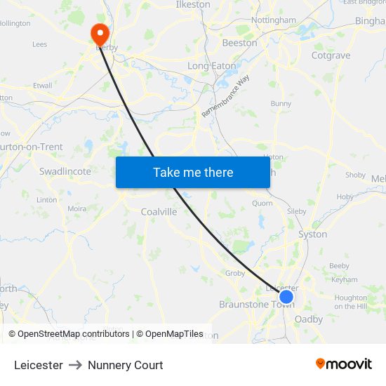 Leicester to Nunnery Court map