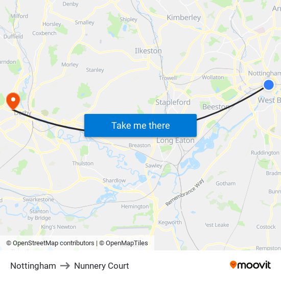 Nottingham to Nunnery Court map