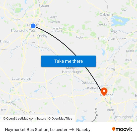 Haymarket Bus Station, Leicester to Naseby map