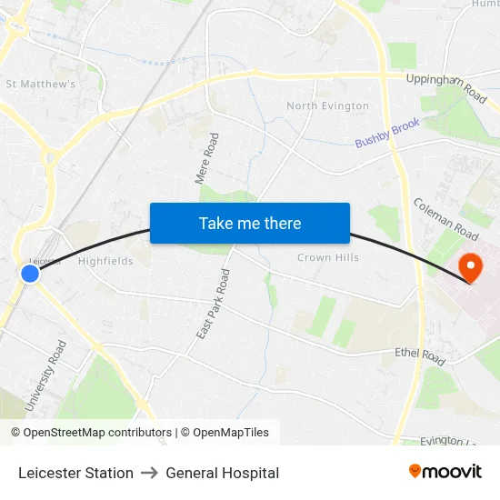 Leicester Station to General Hospital map