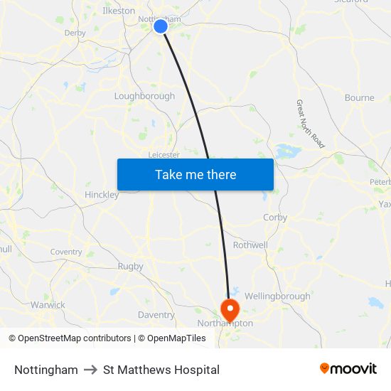 Nottingham to St Matthews Hospital map