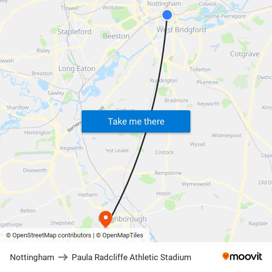 Nottingham to Paula Radcliffe Athletic Stadium map