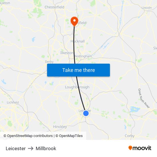 Leicester to Millbrook map