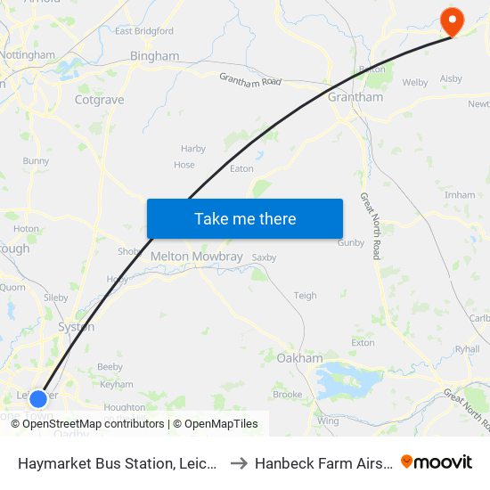 Haymarket Bus Station, Leicester to Hanbeck Farm Airstrip map
