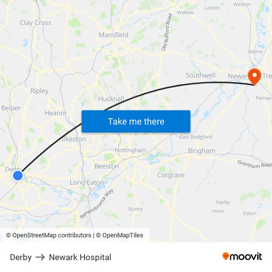 Derby to Newark Hospital map