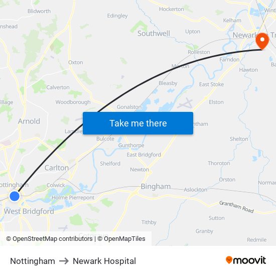 Nottingham to Newark Hospital map