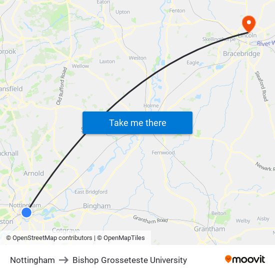 Nottingham to Bishop Grosseteste University map