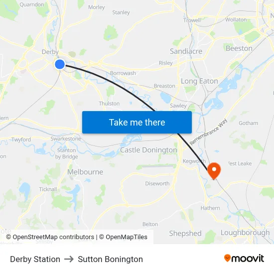 Derby Station to Sutton Bonington map