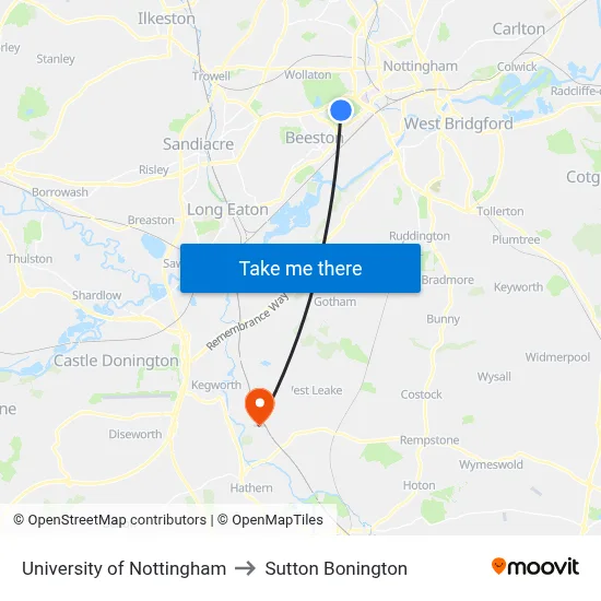 University of Nottingham to Sutton Bonington map