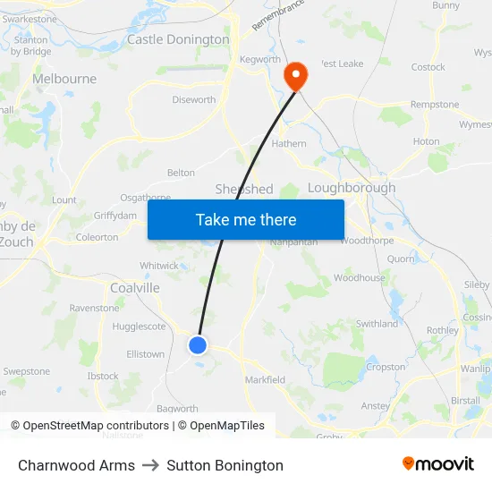 Charnwood Arms to Sutton Bonington map